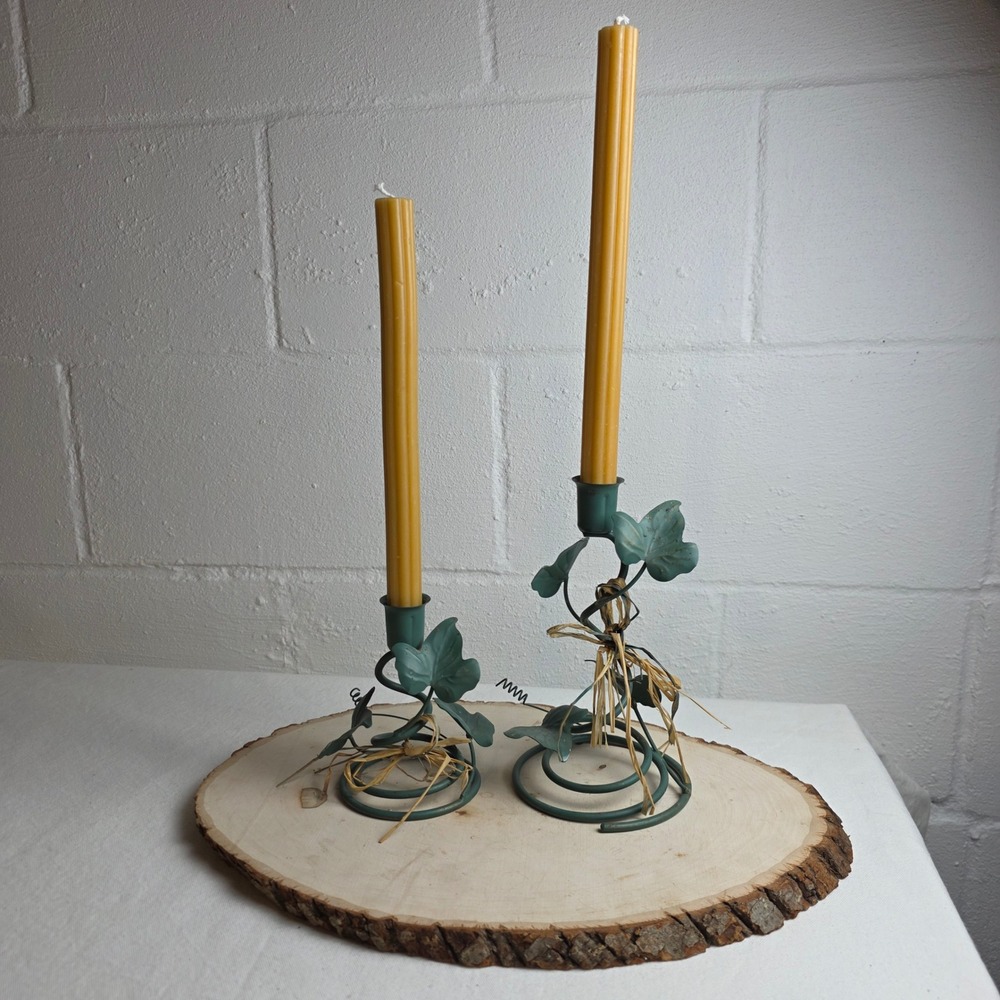 Vintage Home Interiors Rustic Green Metal Ivy Leaf Spiral Base Tolware Set